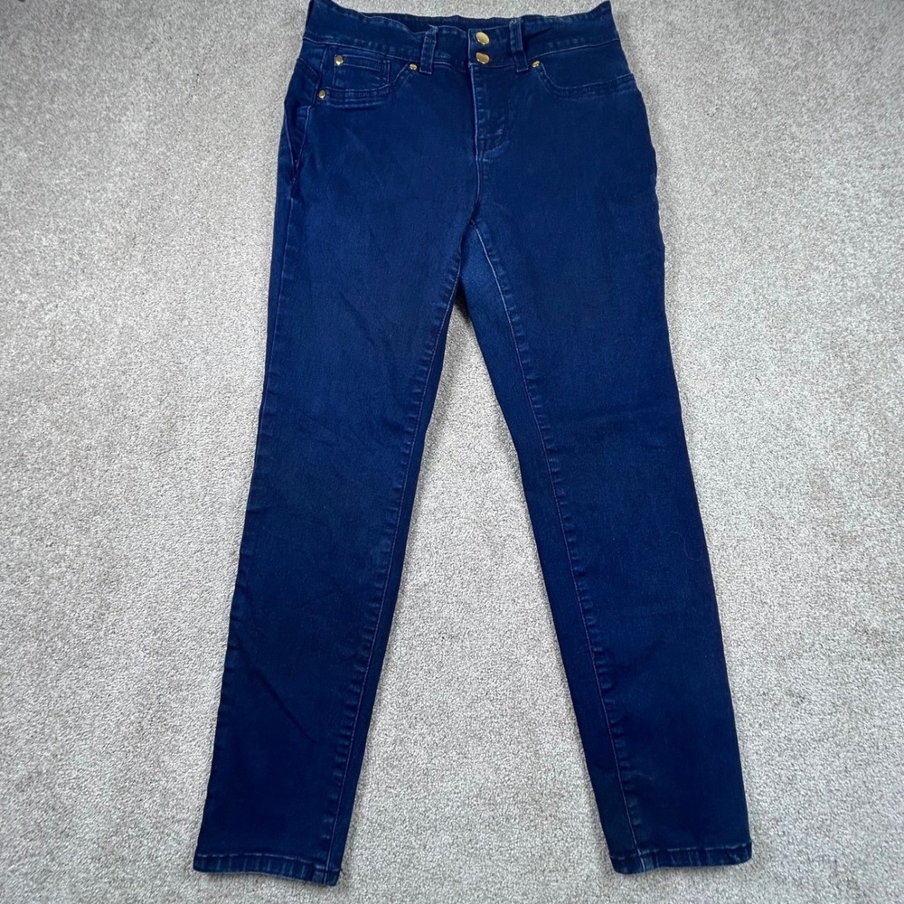IMAN Global Chic Womens Skinny Jeans Dark Wash Gold Hardware Size 10 Short